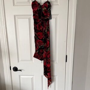 BCX Asymmetrical Strapless Dress in Red and Black Floral